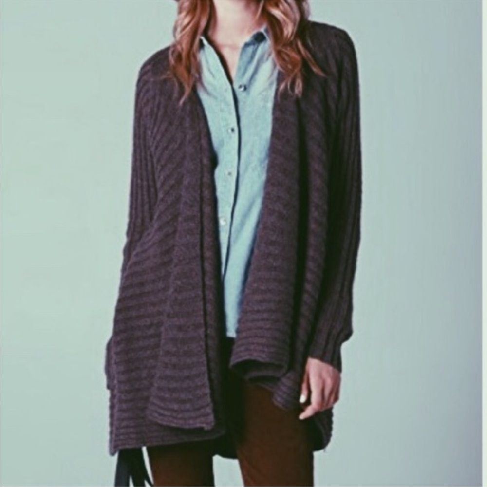 Free People- Wool Blend Beach Shell Open Front Waterfall Cardigan Grey- Size XS